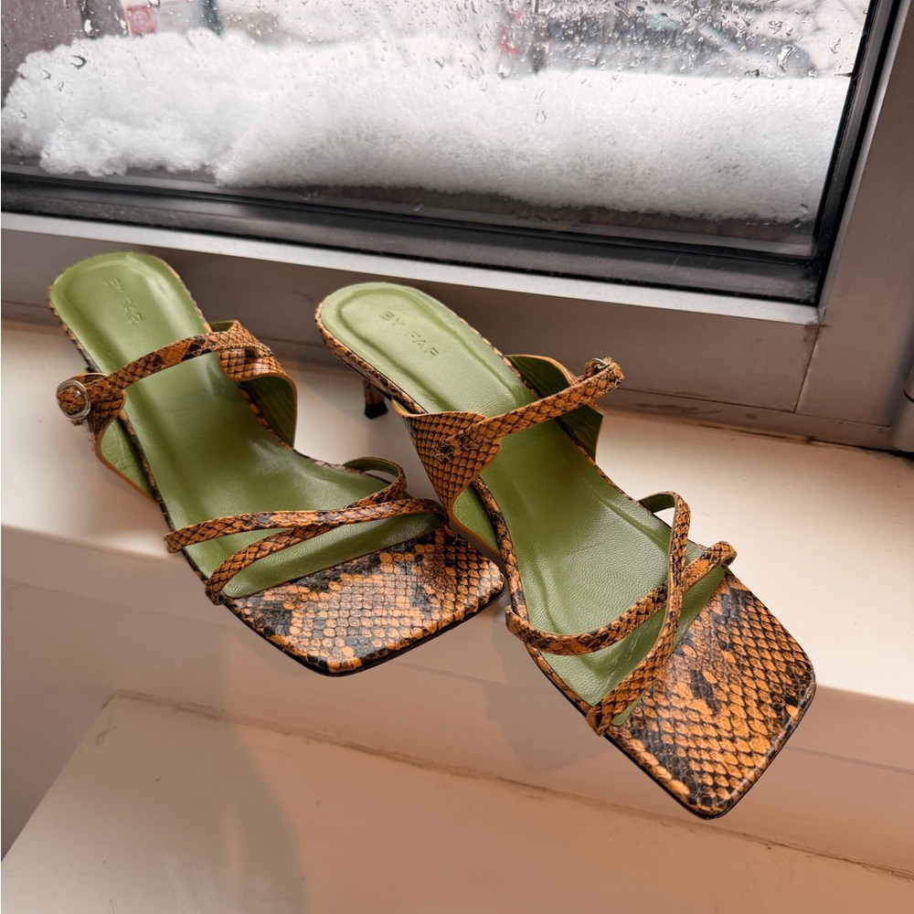 BY FAR Snake Print Sandals with Sage Green Insole